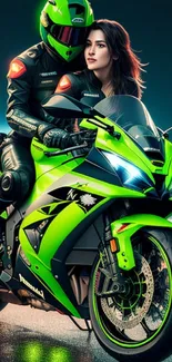 Neon green motorcycle with riders in a futuristic city setting.