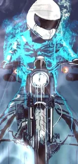 Futuristic biker with neon blue glow on motorcycle wallpaper.