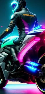 Neon-clad biker on a futuristic motorcycle in a vibrant cityscape.