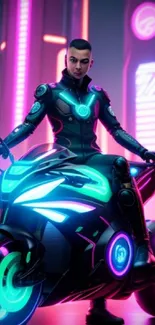 Futuristic character on neon motorcycle in a cyberpunk city.