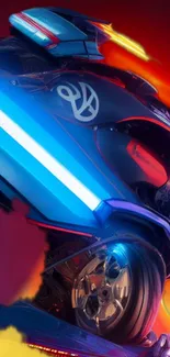 Futuristic motorcycle with neon lights and vibrant colors creating dynamic motion.