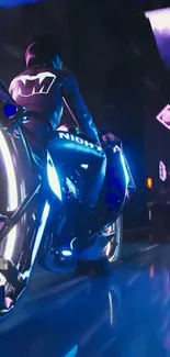 Futuristic neon motorcycle in cyberpunk cityscape.