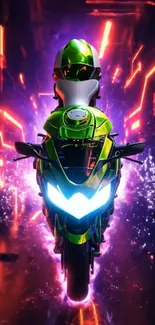 Futuristic motorcycle with neon lights and vibrant colors set against a purple backdrop.