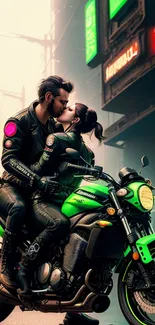 Couple on a green motorcycle in neon-lit futuristic city.