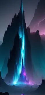 Futuristic neon mountain landscape with vibrant blue and purple hues.