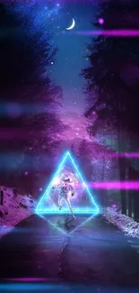 Futuristic neon nightscape with a glowing triangle on a mobile wallpaper.