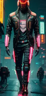 Futuristic figure in neon-lit cityscape.