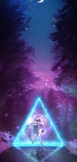 Astronaut walks through neon triangle on starry forest path.