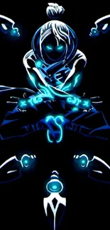 Futuristic neon ninja in blue on mobile wallpaper.