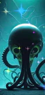 Futuristic neon octopus on cyan background.