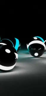 Glossy black and blue spheres on dark background.