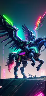 Futuristic neon Pegasus design on a cyberpunk-themed background.