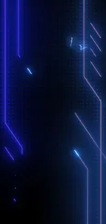 Futuristic neon wallpaper with blue and purple lines on a dark background.