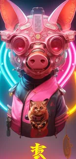 Futuristic neon pig with cat figure in vibrant neon lights.