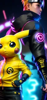 Vibrant neon-themed wallpaper with Pikachu and companion in futuristic attire.