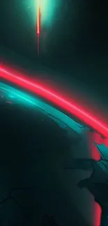 Futuristic neon-lit planet with red glow and teal background.