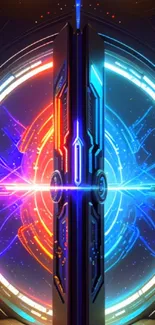 Futuristic neon portal with blue and orange glow.