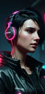 Futuristic woman with neon headphones in a cyberpunk scene.