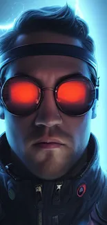 Futuristic figure wearing neon red goggles with a blue glow background.