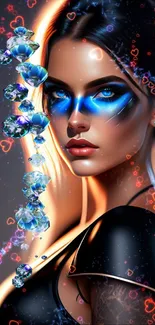 Futuristic portrait with neon blue accents and black attire on mobile wallpaper.