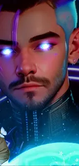 Futuristic neon portrait with glowing eyes.