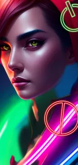 Futuristic neon portrait mobile wallpaper with vibrant colors.