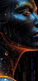 Futuristic neon portrait with cybernetic elements and vibrant colors.