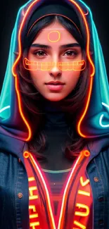 Futuristic neon portrait mobile wallpaper, vibrant and modern.