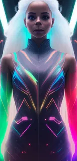 Futuristic neon woman portrait with vibrant colors and digital design.