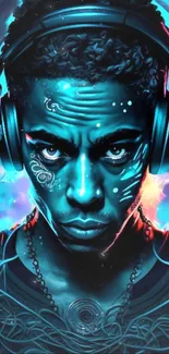 Futuristic neon portrait of a man with headphones, glowing in electric blue.