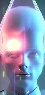 Futuristic neon humanoid face with glowing elements.