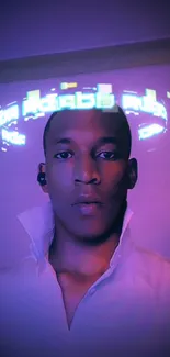 Futuristic neon-themed portrait with purple lighting effects.