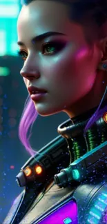 Futuristic digital portrait with neon accents in vibrant purple hues.