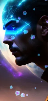 Futuristic neon portrait with cosmic backdrop.