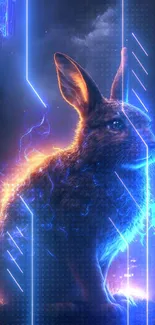 Glowing neon rabbit with futuristic city backdrop.