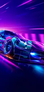 Futuristic neon car racing through a vibrant purple background.