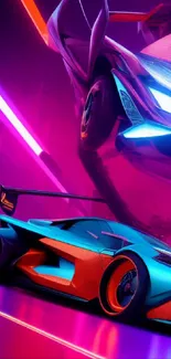 Vibrant neon-lit racing cars with futuristic design in motion.