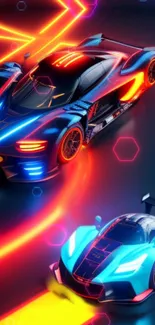 Futuristic cars with neon lights on a dynamic racing track.