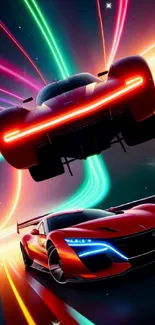 Futuristic cars racing with neon lights in a dynamic mobile wallpaper.