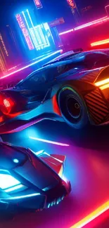 Futuristic neon-lit racing cars in a cyberpunk cityscape with vibrant colors.