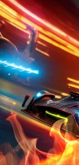 Futuristic neon car racing wallpaper with vibrant colors.