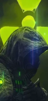 Hooded figure with neon radiation symbol.