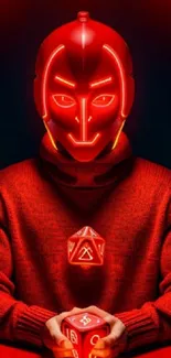 Futuristic neon red wallpaper with glowing mask and tech elements.