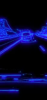 Futuristic neon road with glowing blue lines.