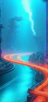 Futuristic neon road in a cyberpunk cityscape with vibrant blue and orange lights.