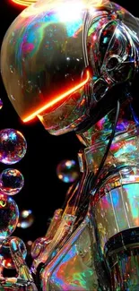 Neon-lit futuristic robot artwork with holographic effects.