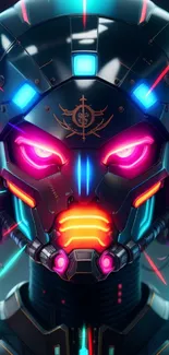 Futuristic neon-lit robot face with vivid colors.