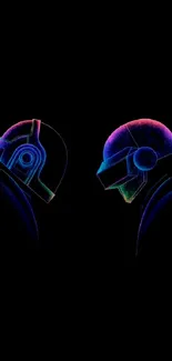 Neon outlines of two futuristic robot heads on black background.