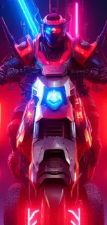 Futuristic neon robot riding a motorcycle, glowing in red and blue lights.