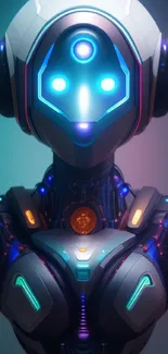 Futuristic neon-lit robot wallpaper, tech-driven design.